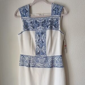 Elegant White and Blue Embroidered Dress